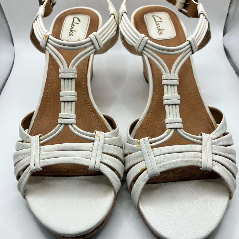 Clarks Sandals White Leather Cork 3-inch Heel Size 8.5